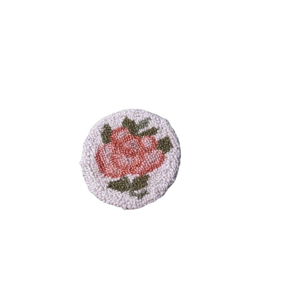 Handmade Punch Needle Coaster Floral Rose Cottage Cabin Rustic 3.25" Single